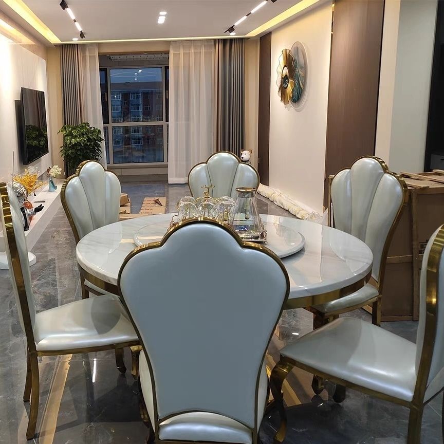 欧式大理石餐桌椅组合后现代简约圆桌带转盘轻奢不锈钢家用饭桌