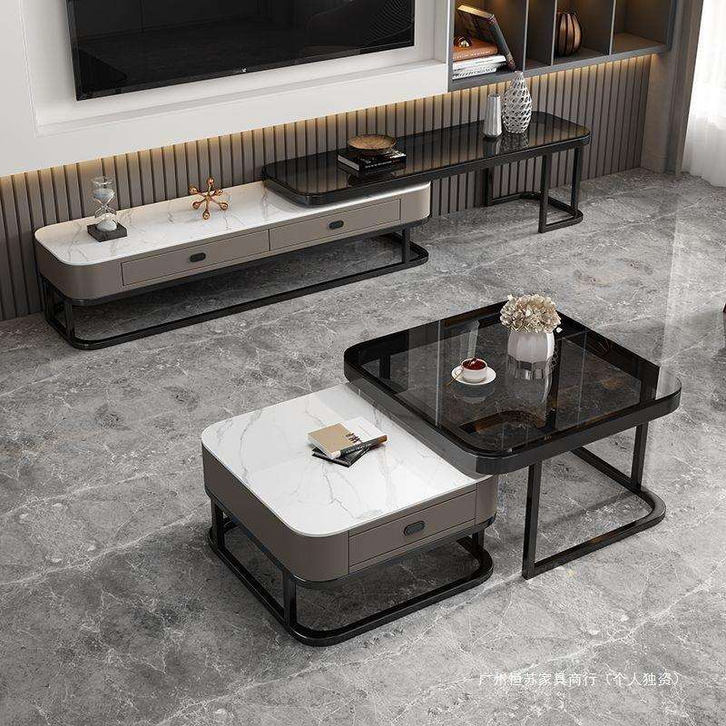 方形茶几轻奢极简约正方形玻璃代茶几桌小户型茶几带抽屉家用客厅
