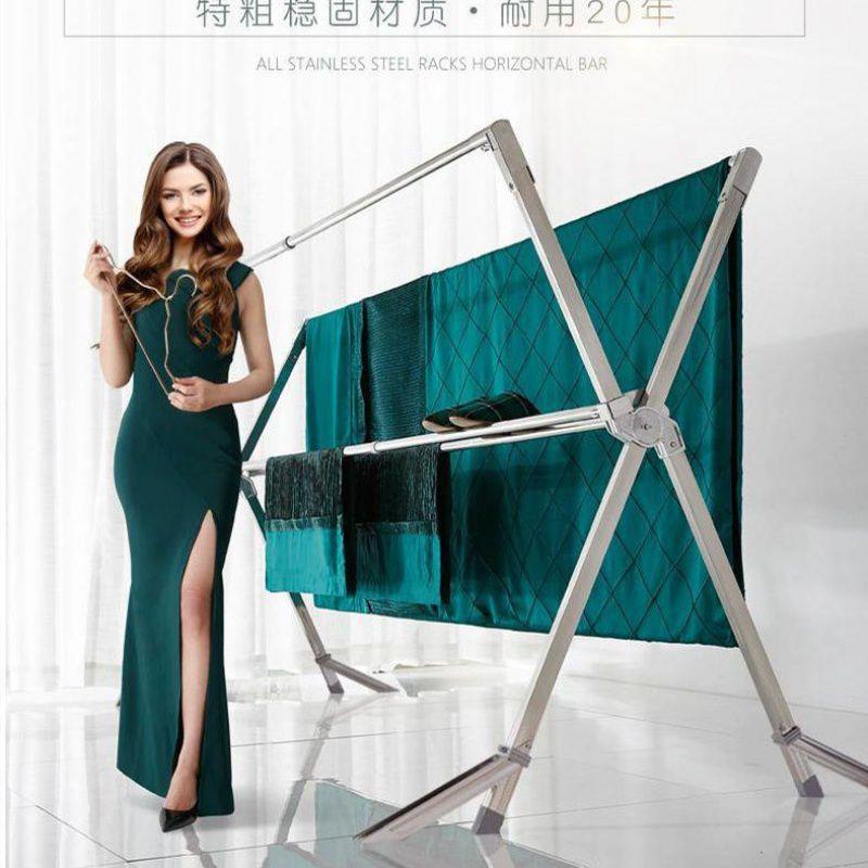 304厚不锈钢阳台晾衣架落地折叠晒衣架凉衣架室内伦才