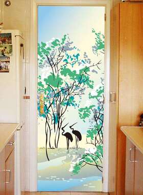 墙贴创意防水贴画卧室客厅玻璃门壁饰A0006水彩画树与鹤