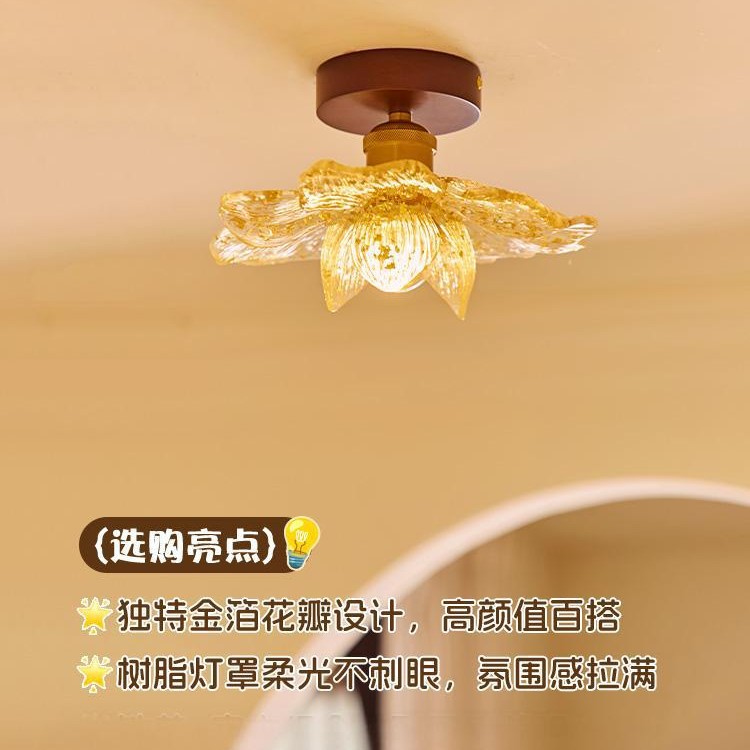 中古风胡桃木色餐桌花瓣吊灯简约吧台灯法式复古莲韵过道吸顶灯