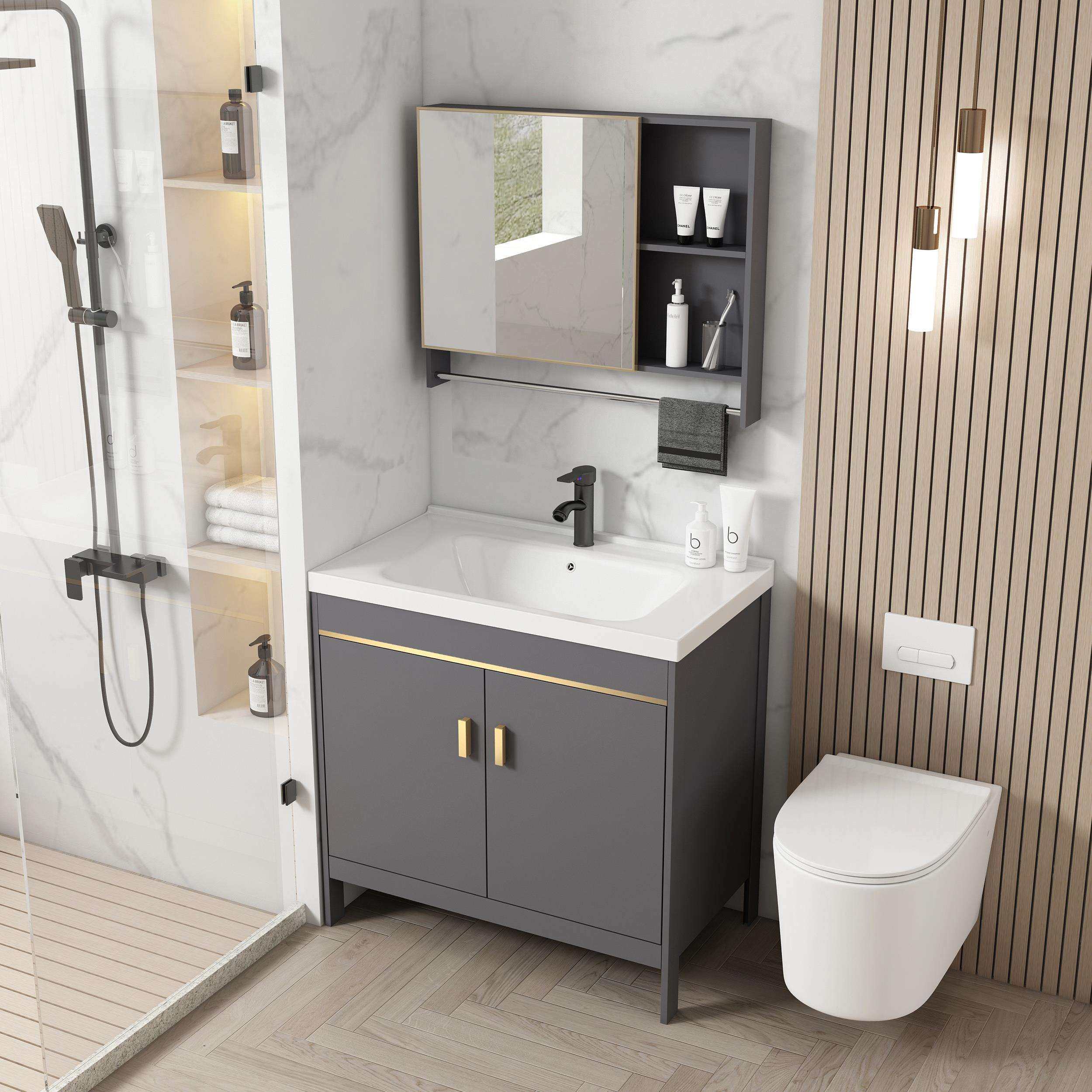 浴室柜落地式太空铝卫生间洗漱台陶瓷一体盆洗脸池洗手台盆柜组合