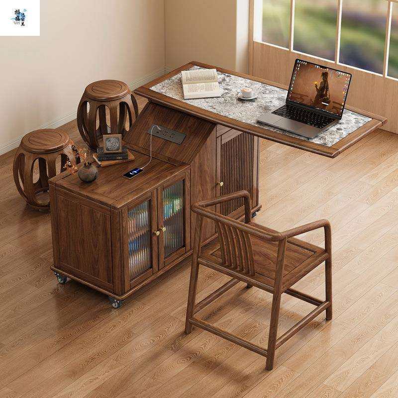 黑胡桃木移动茶台小户型家用新中式实木岩板茶桌可旋转阳台小茶台