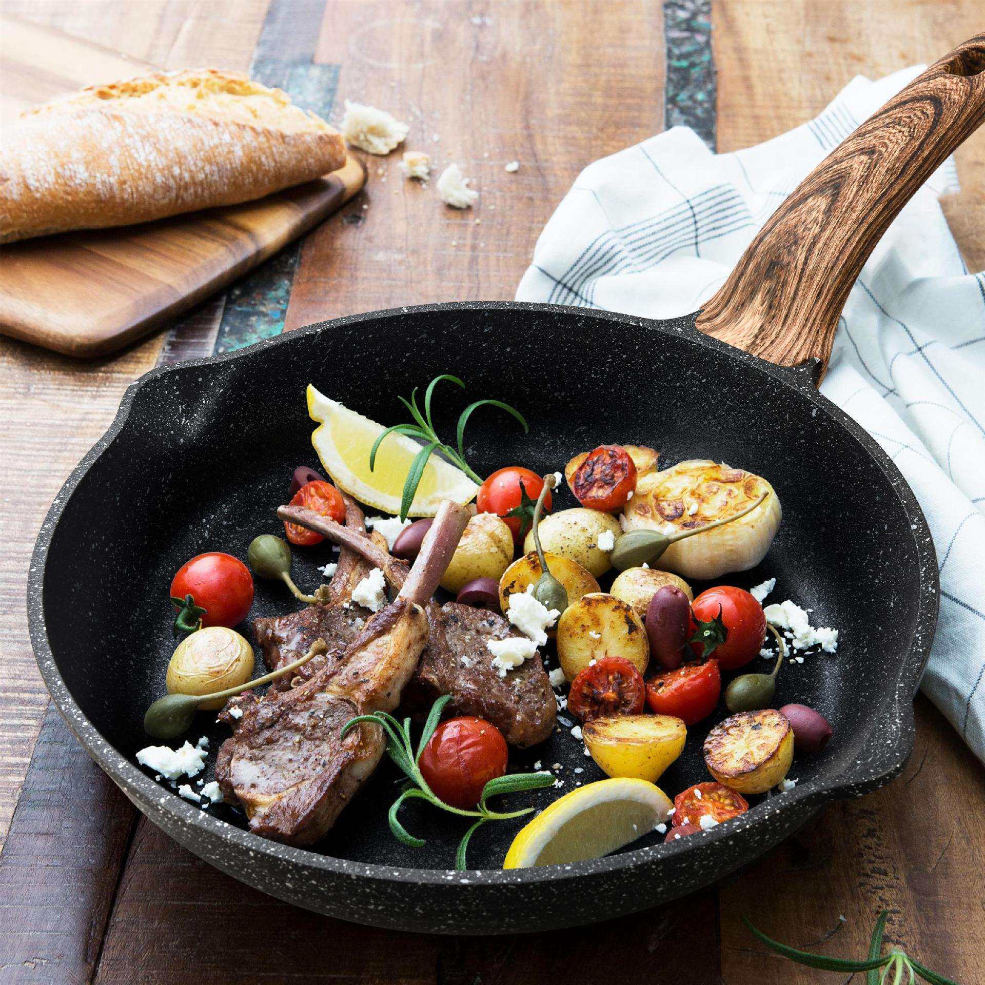 家用煎炒锅麦饭石不粘锅条纹平底锅无油烟炒菜锅现货电磁炉