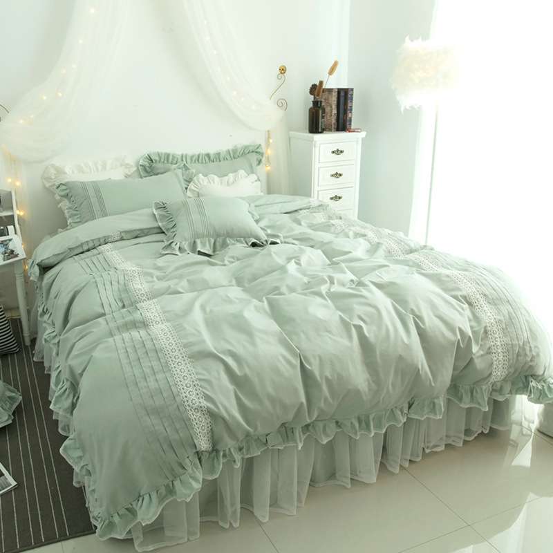韩式全棉床上四件套素色纯棉公主风床单蕾丝床裙式1.8m床双人被套