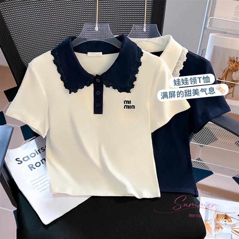 女童蕾丝娃娃领短袖夏季2025新款刺绣POLO衫T恤女孩显瘦上衣洋气