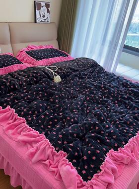 牛奶过年喜定红庆色韩式绒花边制款床盖四件AQK套结婚大红色床上