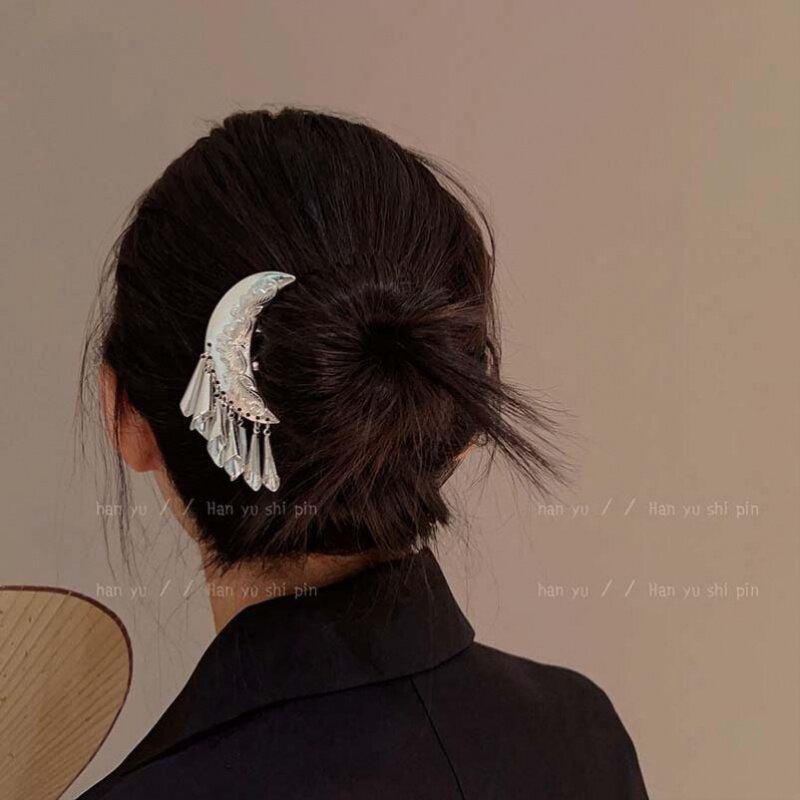 新中式民族风苗银U型发簪高级感流苏簪子女古风发钗步摇金属头饰