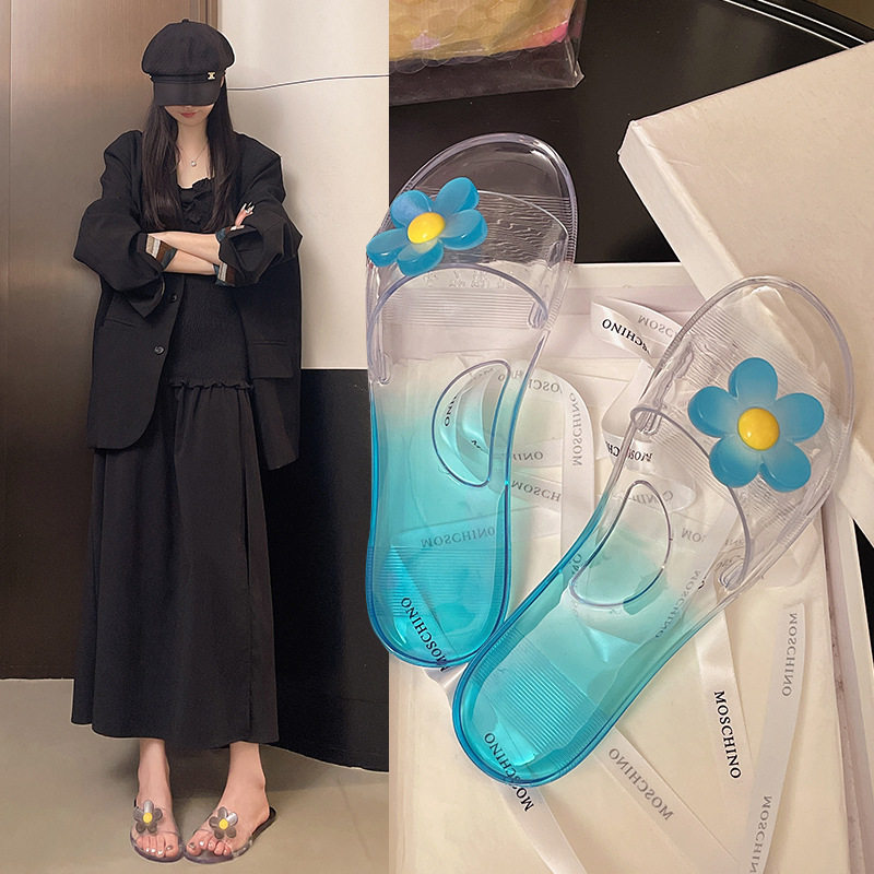 薄底水晶凉拖鞋女夏季室内居家平底外穿潮流花朵渐变沙滩一字拖女