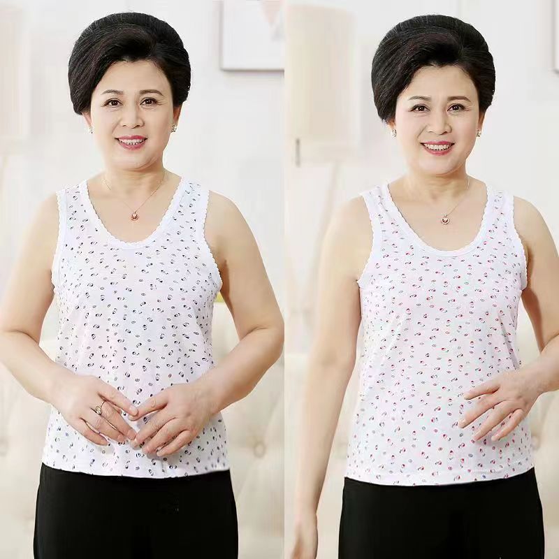 夏季薄款妈妈内衣中老年人宽松加肥大码印花吊带女士打底纯棉背心