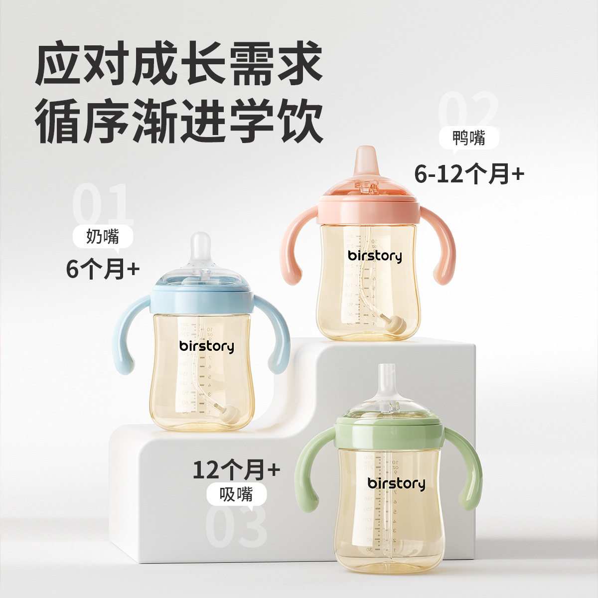 婴幼儿学饮杯PPSU防呛奶瓶6个月喝水鸭嘴杯大宝宝企鹅吸管杯两用