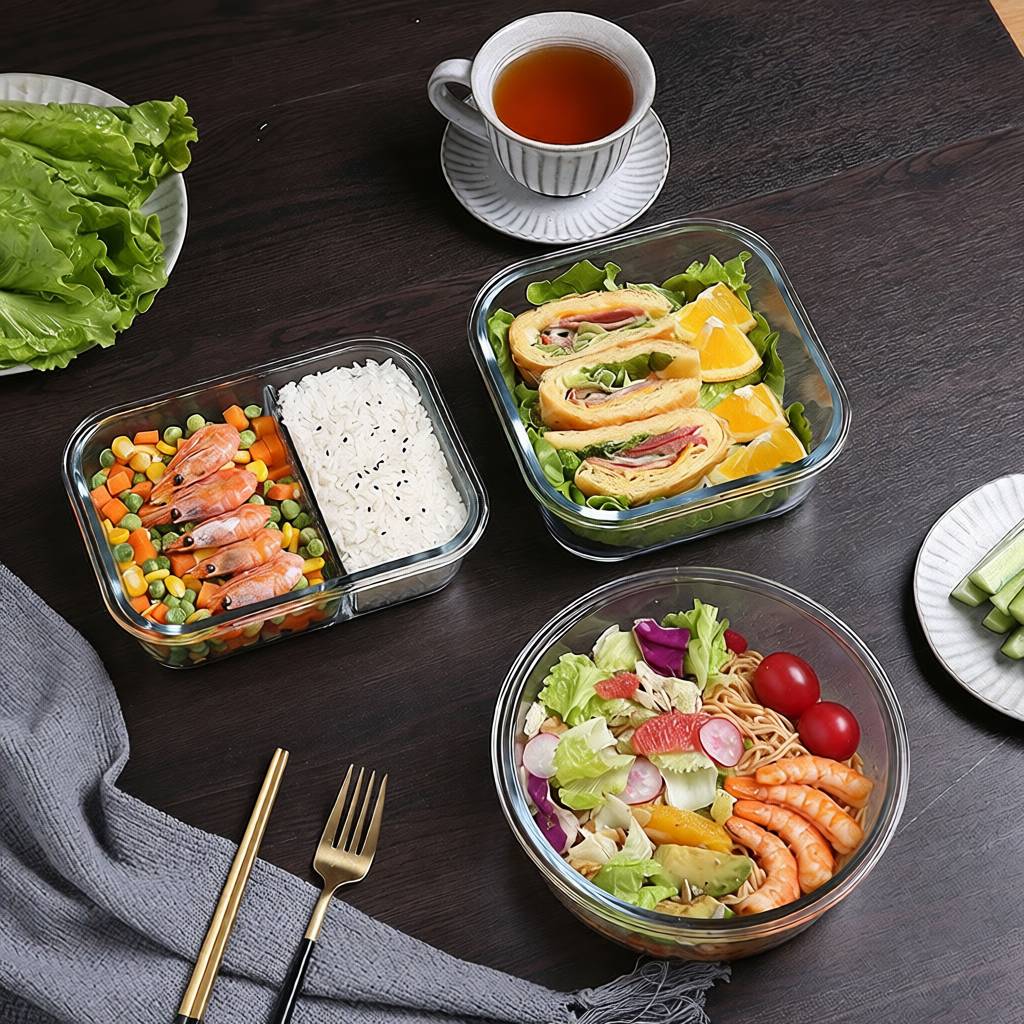 隔层玻璃保鲜盒便当盒四格饭盒可微波炉加热专用碗带盖大容量