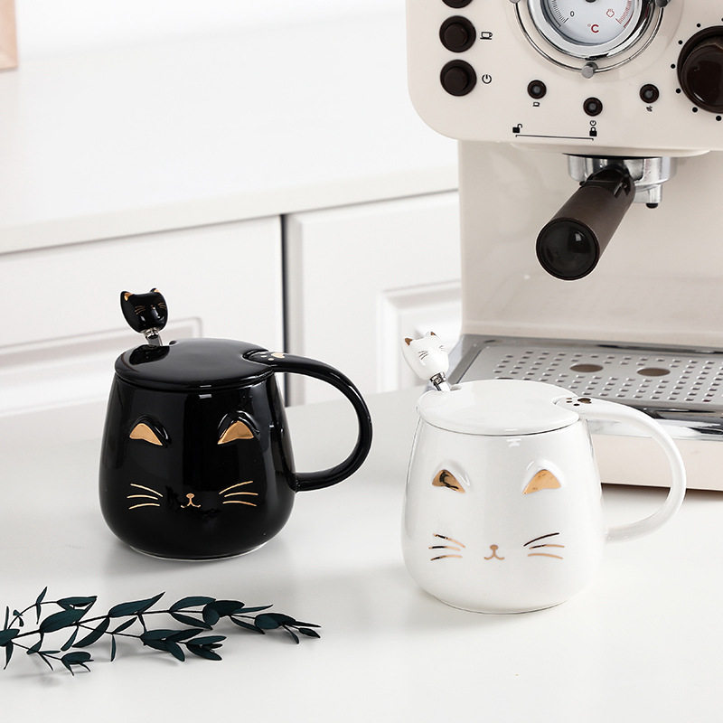 创意猫咪马克杯陶瓷杯子带盖勺咖啡杯情侣水杯男生办公室茶杯