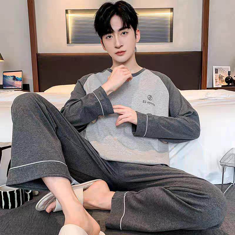 100%纯棉男士睡衣春秋季长袖青少中年睡衣男夏薄款全棉家居服套装