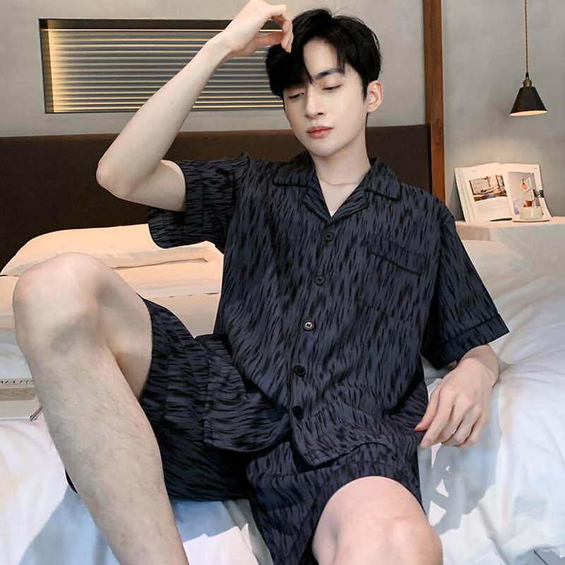 睡衣男夏季冰丝睡衣短袖短裤薄款男士男生夏天黑色家居服大尺码套