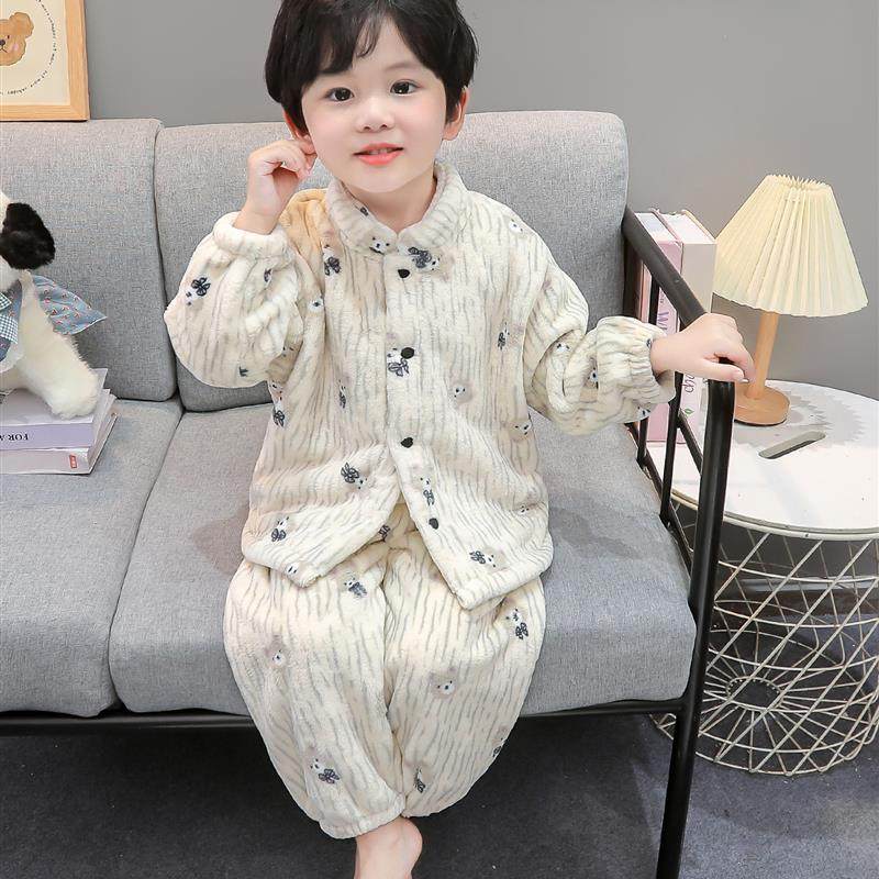 男童睡衣珊瑚绒秋冬季加厚2025新款男孩宝宝法兰绒儿童开衫家居服