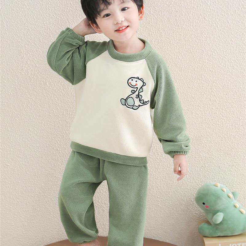 男童睡衣2025新款春秋奥粒绒宝宝冬款加厚卡通恐龙套装儿童家居服