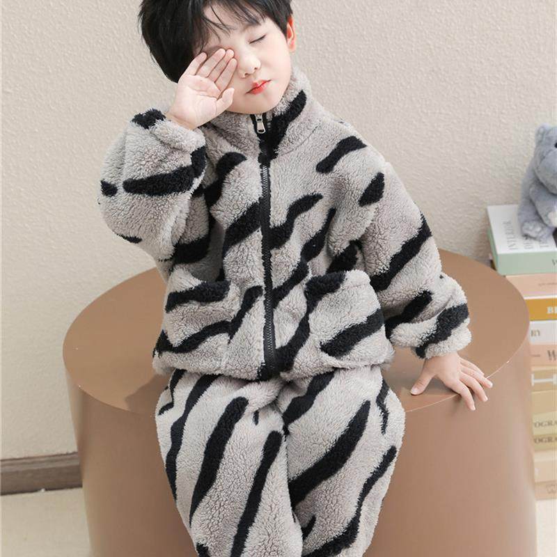 儿童睡衣男童秋冬季珊瑚绒开衫套装2025新款法兰绒宝宝男孩家居服