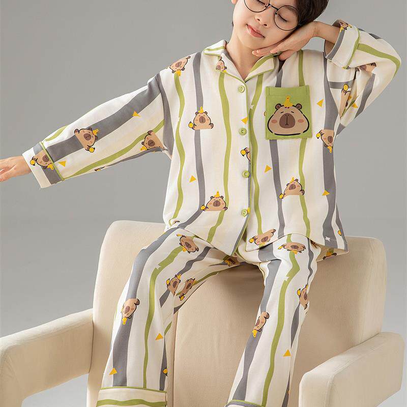 男童睡衣纯棉春秋季长袖薄款套装儿童男孩2025新款中大童家居服