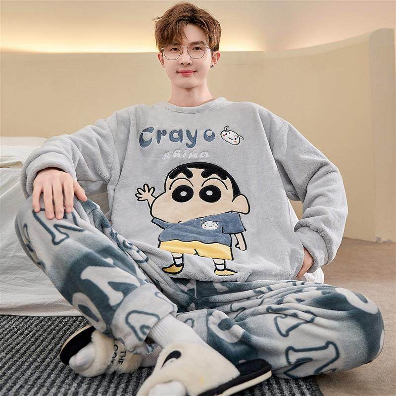 珊瑚绒睡衣男士秋冬季加绒加厚学生卡通大码男款法兰绒家居服套装