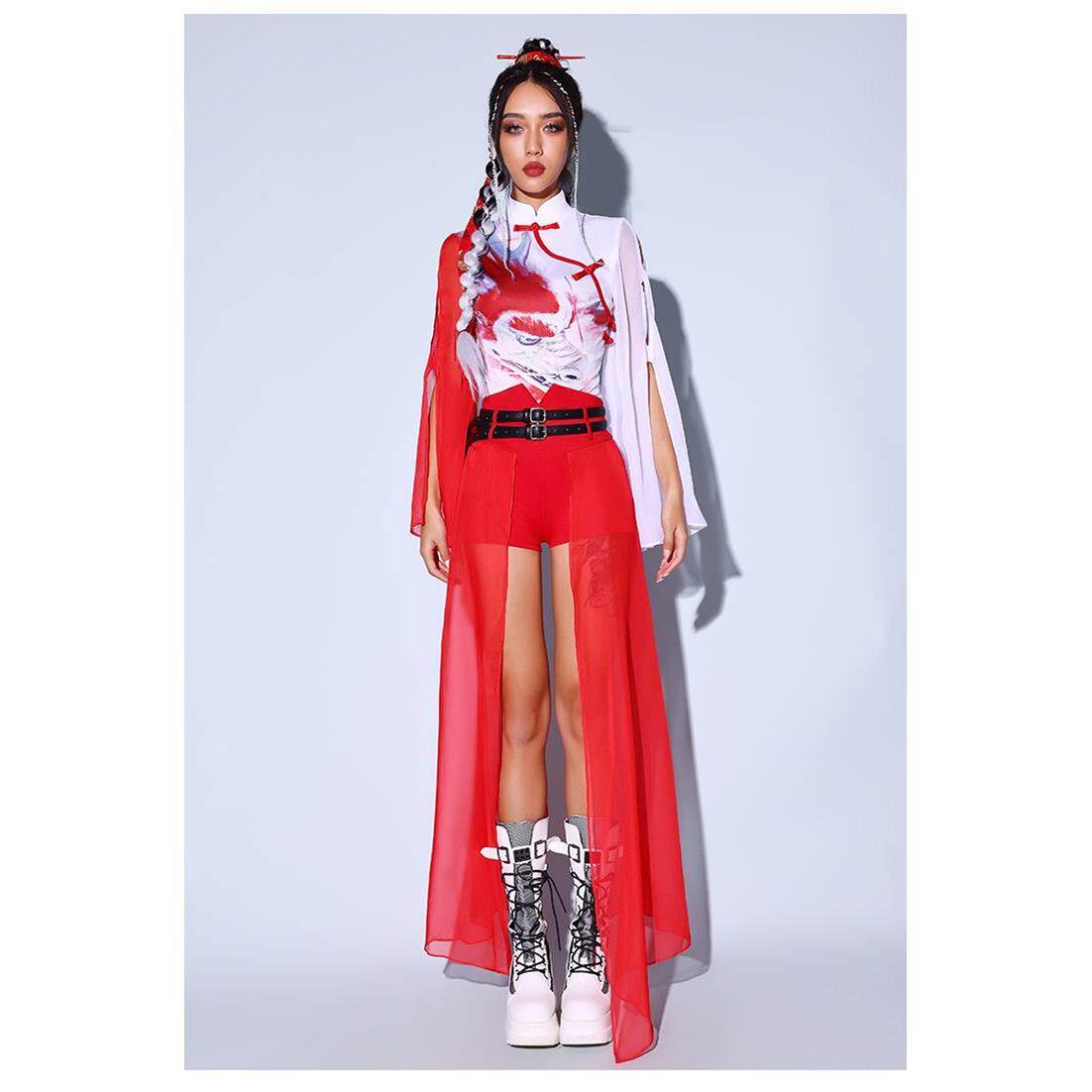 红色国潮舞台爵士舞服 女团年会中国风打歌服 修身旗袍式舞蹈演出