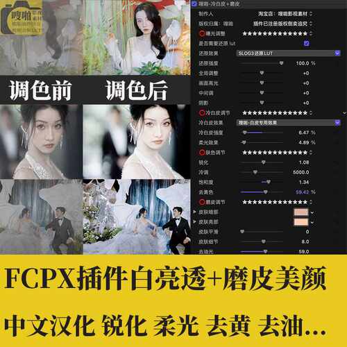 FCPX插件白亮透磨皮美颜冷白皮slog3灰片LUT锐化柔光去黄去油效果