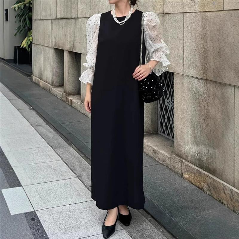 跨境日系夏季新款气质圆领拼接网纱微透喇叭袖显瘦假两件连衣裙女