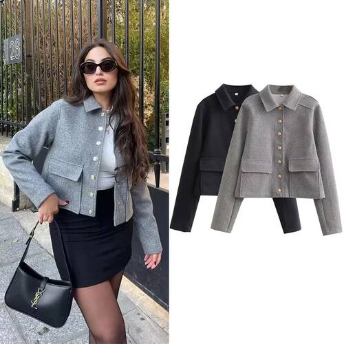 Solid color single breasted long sleeved jacke单排扣长袖外套