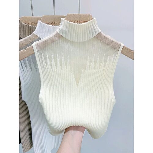 High neck hollowed out sleeveless top 高领镂空螺纹无袖上衣女