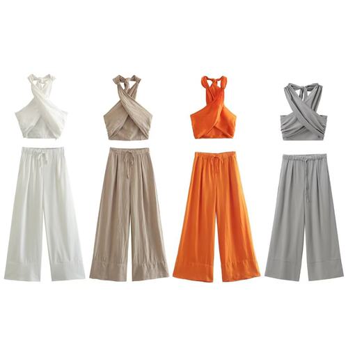 Two piece set of neck hanging top wide pants上衣长裤两件套女