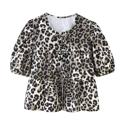 Leopard print short sleeved shirt women 女式豹纹印花短袖衬衫