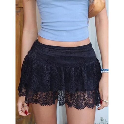 Solid color high elasticity lace skirt pants纯色蕾丝超短裙裤