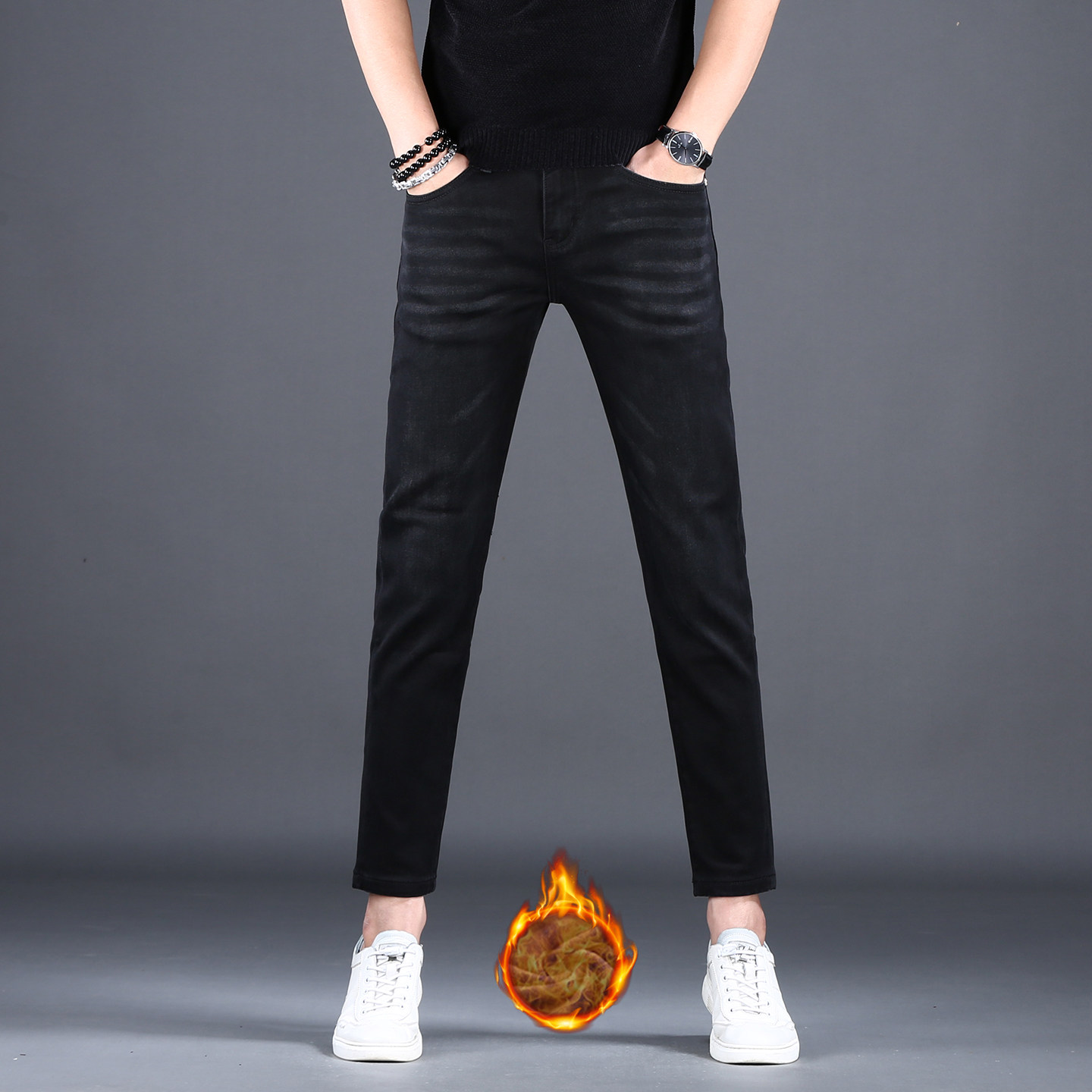 高端秋冬季男士黑色加绒牛仔裤修身小脚韩版休闲弹力百搭九分裤男,男装,牛仔裤,淘宝优惠券,粉丝福利购,淘宝优惠卷