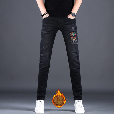 高端刺绣冬季加绒牛仔裤男款黑色