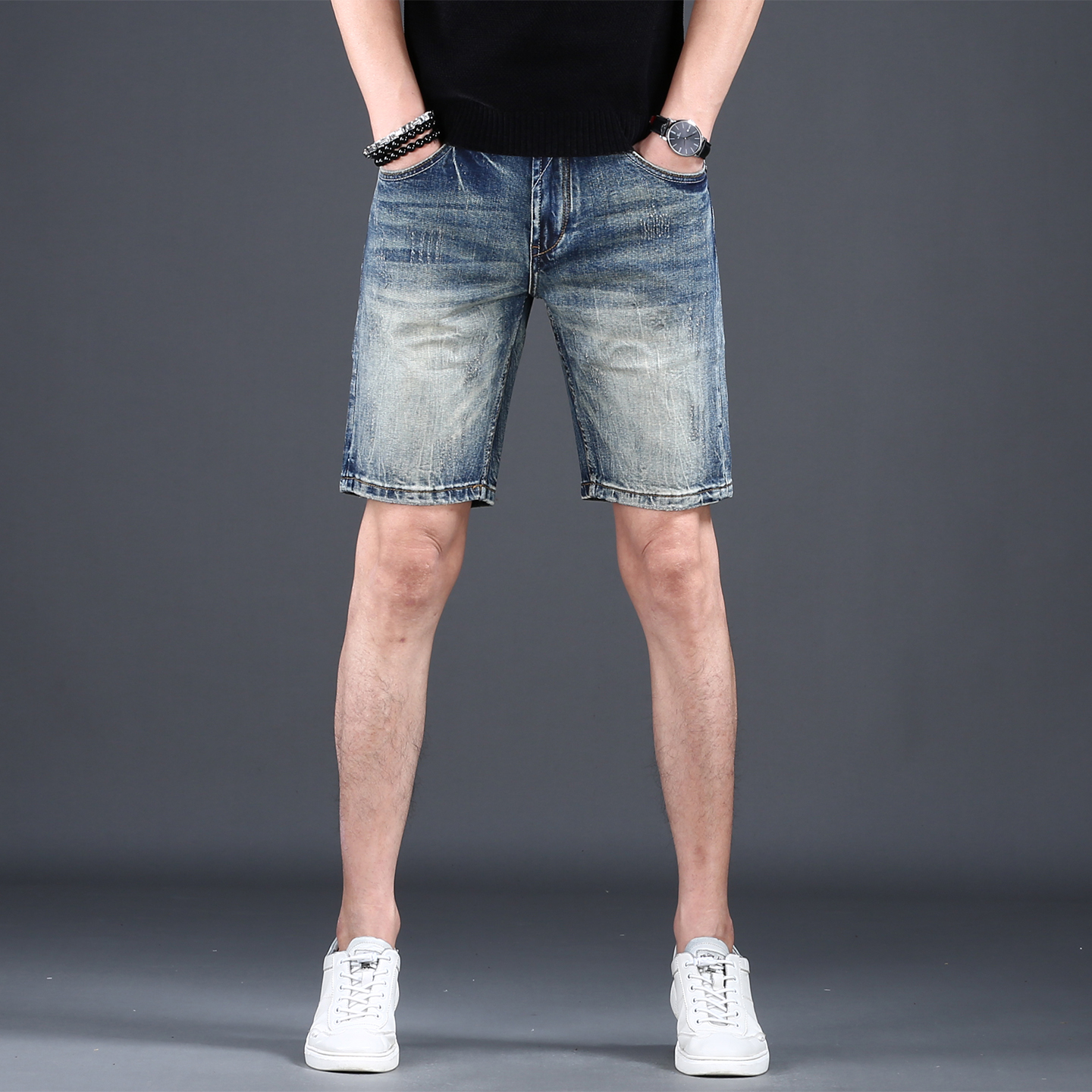 高端潮牌牛仔短裤男2025新款夏季薄款修身小脚裤休闲裤男款百搭