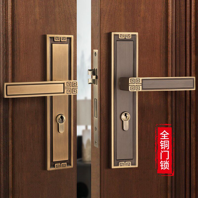 全铜新中式房门锁室内卧室磁吸静音家用中式木门锁实木门把手通用