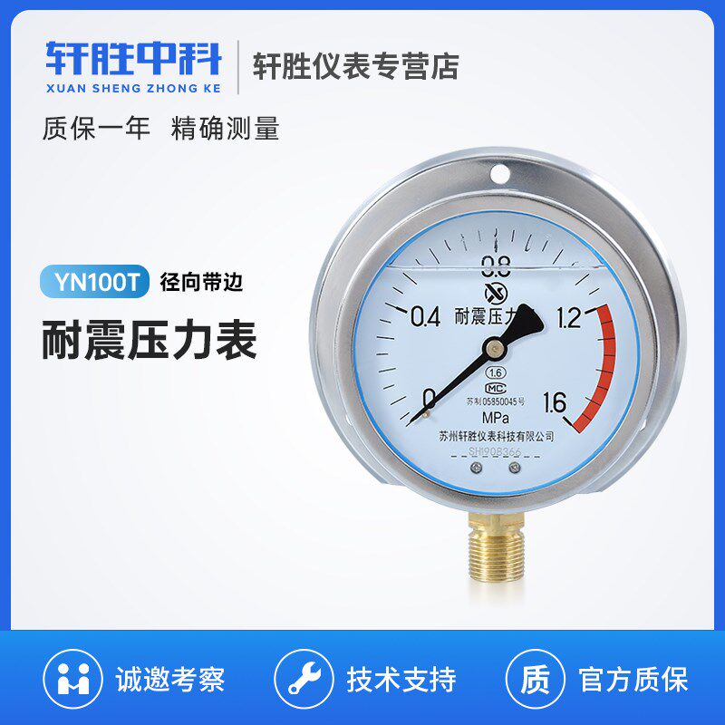 YN100T轩胜径向带后边抗震压力表 法兰盘固定安装 船用耐震压力表