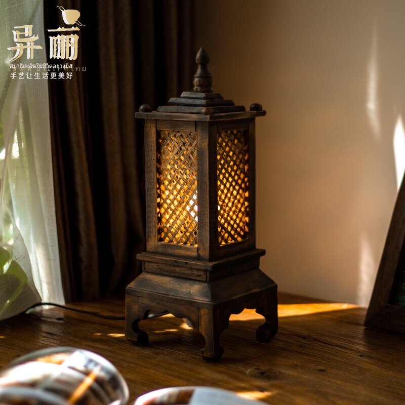 速发东灯亚风格泰式古风灯具卧室实木床头南泰国复古夜灯竹编式中