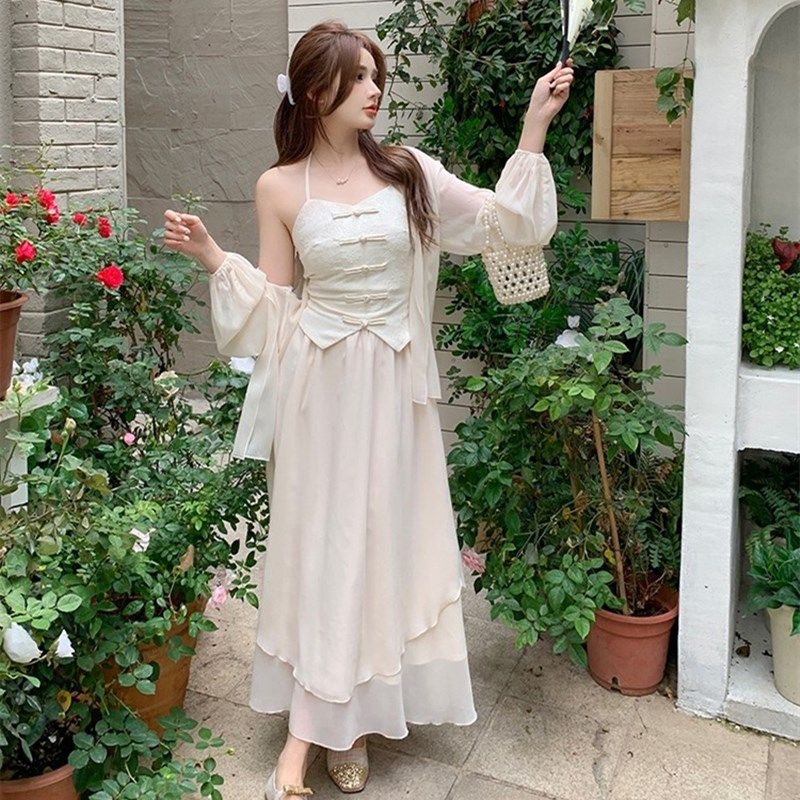 速发大码春柔风禅意新中式开衫挂夏吊带半身裙温脖三件套装