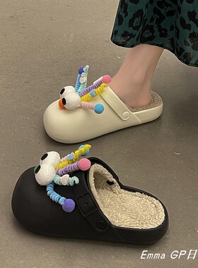 速发G穿包头半拖鞋外P202年新款秋棉季外出平底冬拖毛毛拖鞋