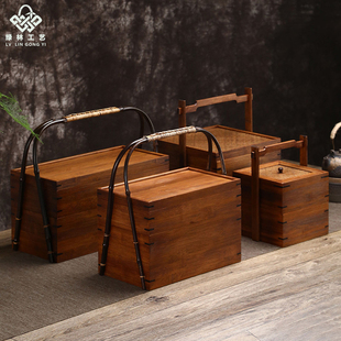 速发复古双层箱心收纳提盒中道茶点竹制户外提箱送礼多层食盒茶式