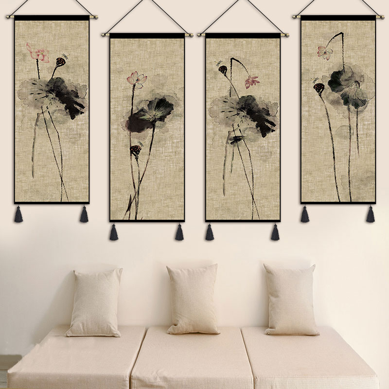 速发新中式荷花挂毯禅意简约客厅卧室装饰画背景墙画三联画挂画中