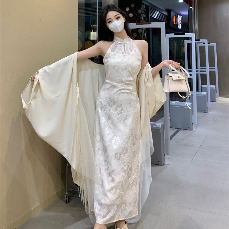 新款大码胖mm新中式国风挂脖白色连衣裙K流苏披肩女春夏改良旗袍