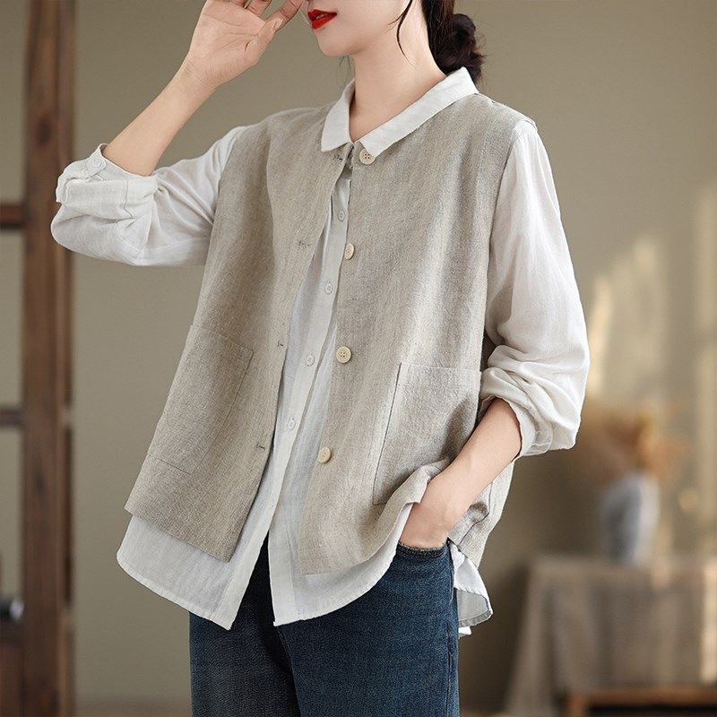 速发文艺休闲叠穿圆领棉麻马甲肩色纯简约外搭无袖坎秋亚麻上衣