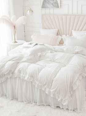 速发季冬公主风蕾绒边珊瑚丝四件套双面绒白色法兰绒床裙