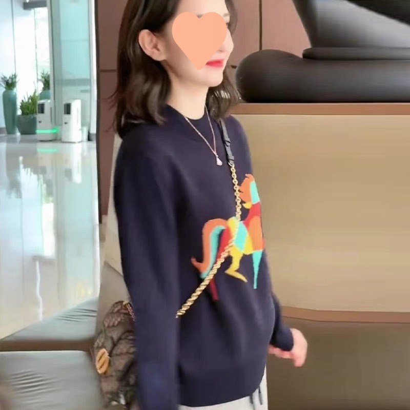 现货时尚撞色圆领长袖毛衣女秋冬新款韩系减龄百搭宽松套头针织衫