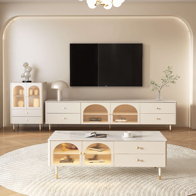 速发轻奢岩板电视柜简约茶几组合风户厅客型奶油小高级感电视机柜