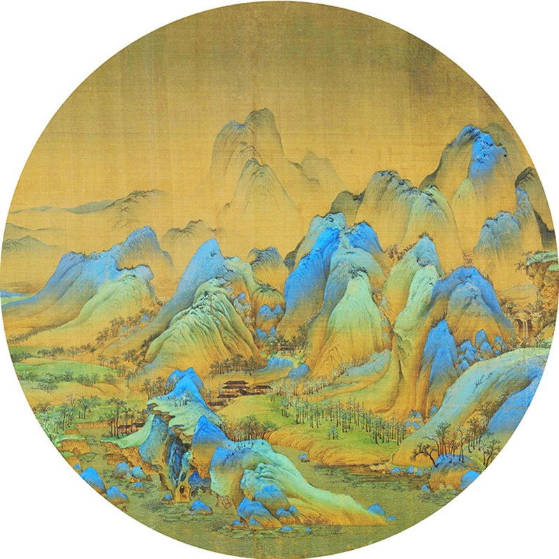 速发自粘贴新中式山水千里江山图风景圆形装饰画茶楼会所壁画背胶图片