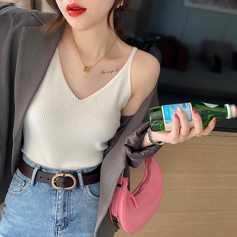 新款针织吊带女内搭西装V领白z色背心外穿独特别致打底法式性感上