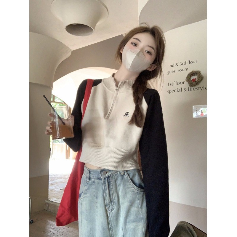 现货美式短款插肩毛衣卫衣女春秋半高领拉链山东即墨国风欧货长袖